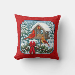 Cojín Decorativo Cardenales Comedero de Pájaros de Navidad Rojo