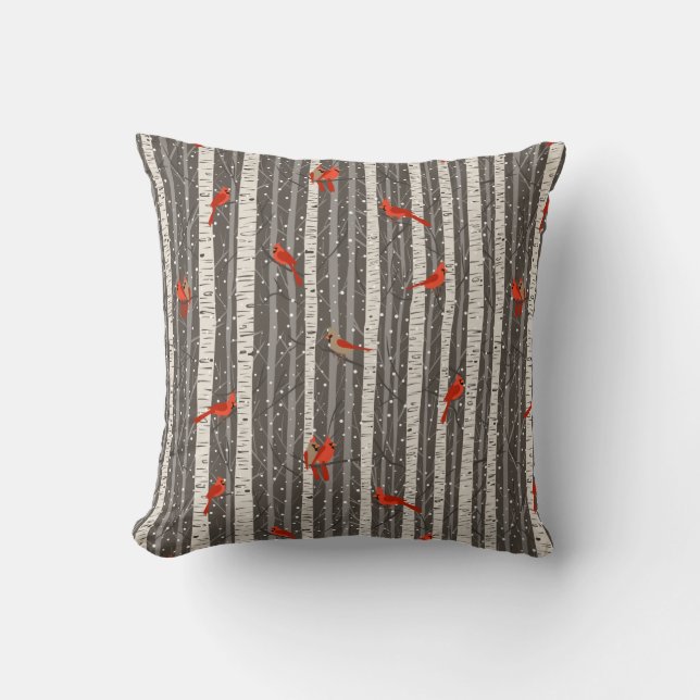 Cojín Decorativo Cardenales de invierno en árboles bircos (Anverso)