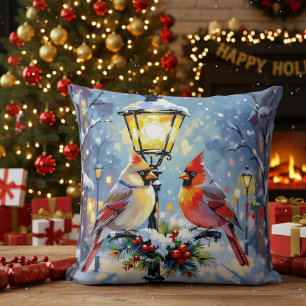 Cojín Decorativo Cardenales de Navidad y farola nevada