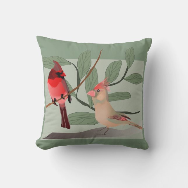 Cojín Decorativo Cardenales dos pájaros rojos en rama (Anverso)