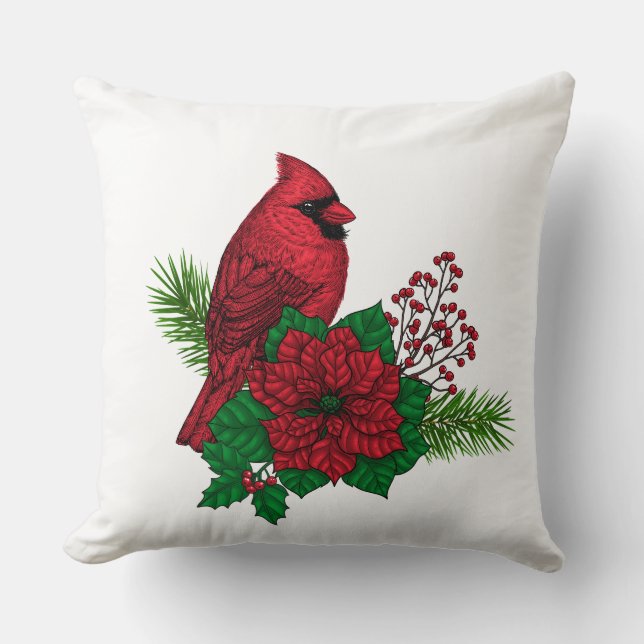 Cojín Decorativo Cardenales rojos sobre decoración de Navidades (Anverso)