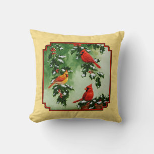 Cojín Decorativo Cardenales rojos y acebo amarillo