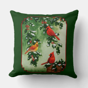 Cojín Decorativo Cardenales rojos y acebo reversible