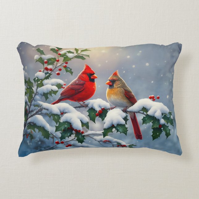 Cojín Decorativo Cardenales rojos y Holly en la nieve (Anverso)