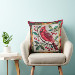 Cojín Decorativo Cardinal Bird Quilt, tarjeta roja vibrante de Cojí