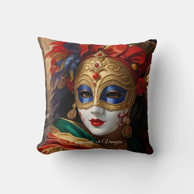 Cojín Decorativo Carnaval de Venecia máscara oro azul rojo (Anverso)