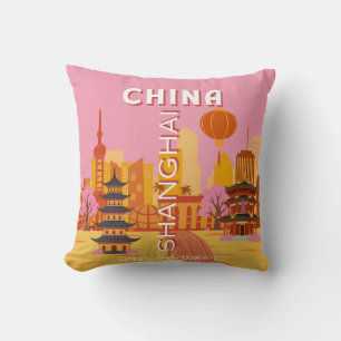 Cojín Decorativo Cartel Antiguo de Viajes a Shanghai China