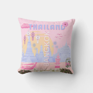 Cojín Decorativo Cartel de viaje rosa pastel azul de Bangkok Tailan