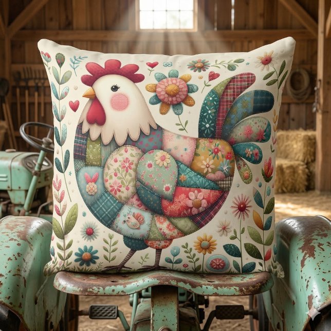 Cojín Decorativo Cartel folclórico con acentos florales (Folk Patchwork Rooster with Floral Accents Throw Pillow Mockup D)