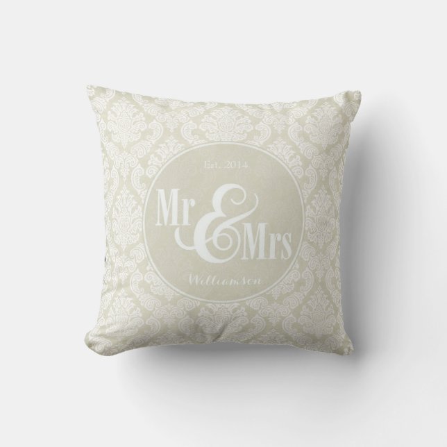 Cojín Decorativo Cartucho de Ivory Damask "Mr & Mrs", personalizado (Anverso)