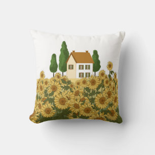 Cojín Decorativo Casa, árboles altos y un campo de girasoles en la