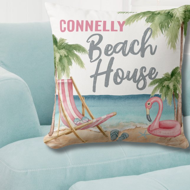 Cojín Decorativo Casa costera de veraneo acuático (Personalized Watercolor Beach House Throw Pillow )