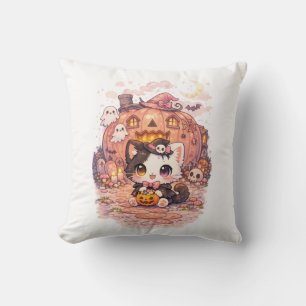 Cojín Decorativo Casa de Calabaza Kawaii Bruja Gatito