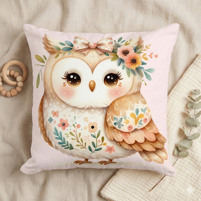 Cojín Decorativo Casa de Campo Boho Encanto de Lechuza Floral (Boho Cottagecore Owl Floral Farmcore Charm Throw Pillow. Mockup A)