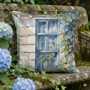 Cojín Decorativo Casa de Campo con Ventana Azul y Pared de Piedra c