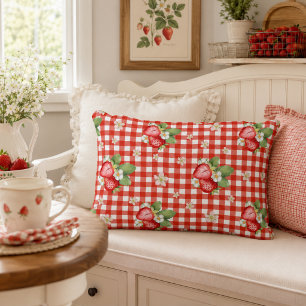 Cojín Decorativo Casa de Campo de Fresa con Cuadro Rojo Cottagecore