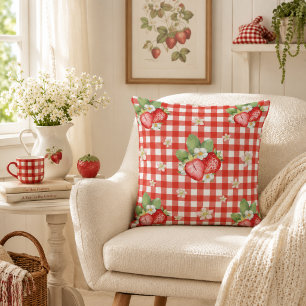 Cojín Decorativo Casa de Campo de Gingham Rojo de Fresa Cottagecore