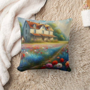 Cojín Decorativo Casa de campo en un campo de flores