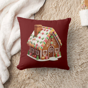 Cojín Decorativo Casa de pan de jengibre Borgoña Rojo Navidad Fiest