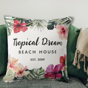 Cojín Decorativo Casa de Playa Botánico Floral Tropical Acuarela