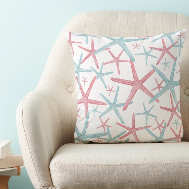 Cojín Decorativo Casa de playa de Patrón Náutico (Teal Pink Nautical Starfish Pattern Beach House Throw Pillow)