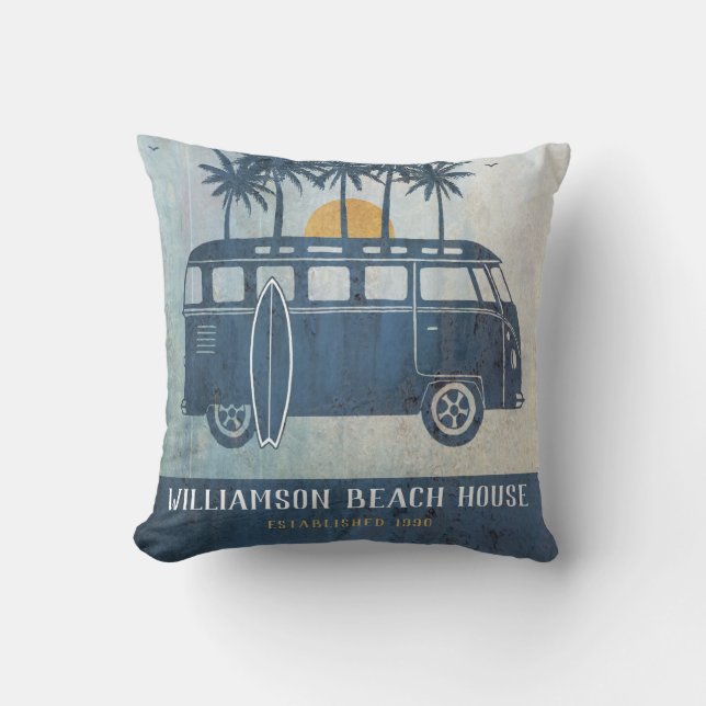 Cojín Decorativo Casa de playa de verano familiar Retro Van Monogra (Anverso)