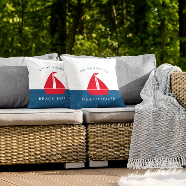 Cojín Decorativo Casa de playa náutica de verano personalizada (personalized nautical red white and blue maritime throw pillow , ideal for family vacation home.)