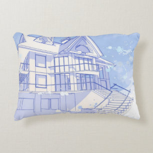 Cojín Decorativo casa: drenaje de la acuarela