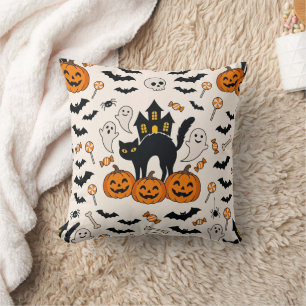 Cojín Decorativo Casa embrujada de gato negro y calabaza de Hallowe