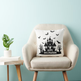 Cojín Decorativo Casa Embrujada Negra y Blanca Feliz Halloween