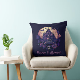 Cojín Decorativo Casa gótica morada oscura y embrujada feliz Hallow