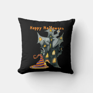 Cojín Decorativo Casa y sombrero de Halloween en acuarela
