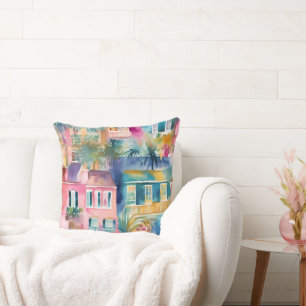 Cojín Decorativo Casas de acuarela rosa, verde y amarillo, palmeras