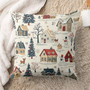 Cojín Decorativo Casas de campo nevadas vintage Navidad roja marina