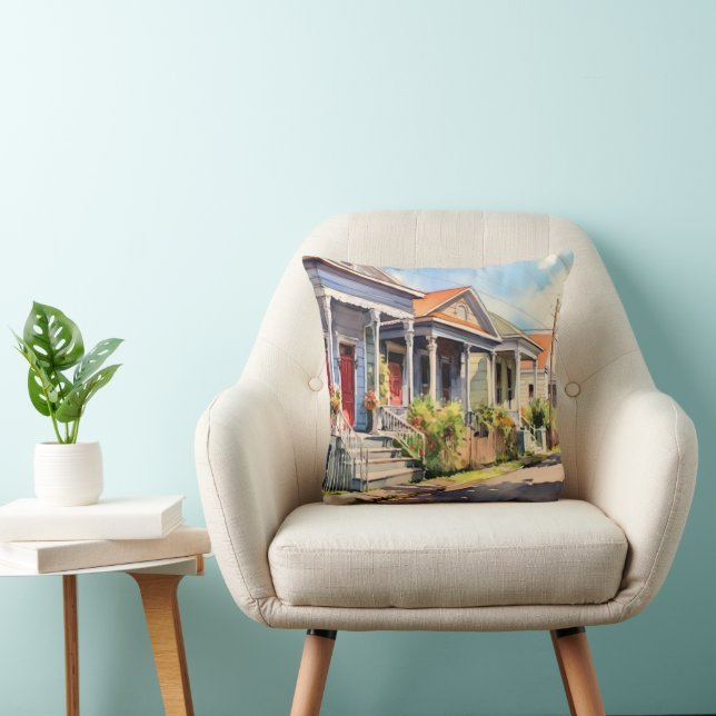 Cojín Decorativo Casas de escopeta de Nueva Orleans, estilo acuarel (Silla)