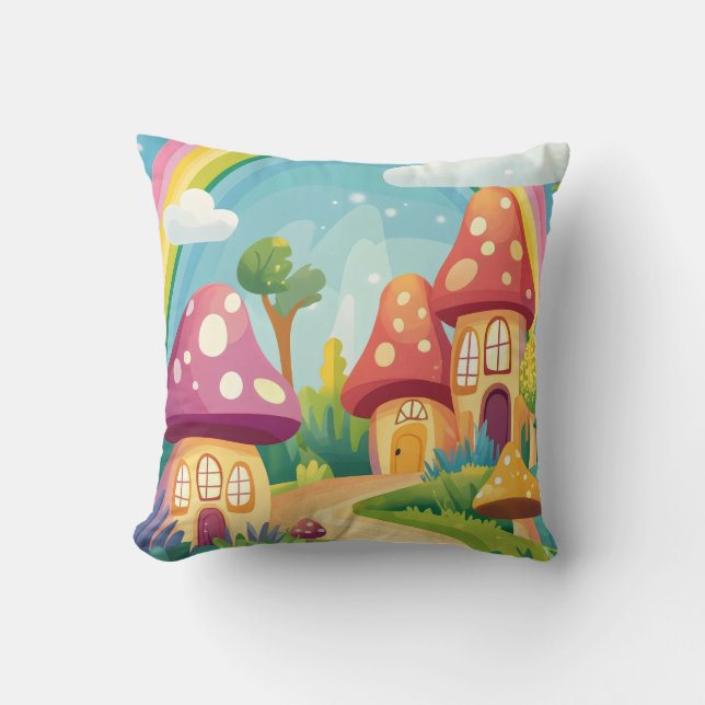 Cojín Decorativo Casas de hongos y arco iris 13 (Anverso)