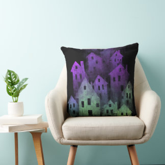 COJÍN DECORATIVO CASAS EMBRUJADAS DE HALLOWEEN DE COLOR PURPURA OSC