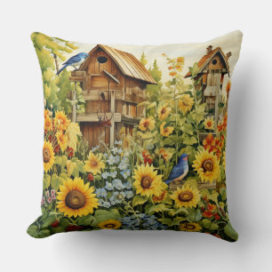 Cojín Decorativo Casas para Pájaros Jardín de Girasoles Pájaros Azu