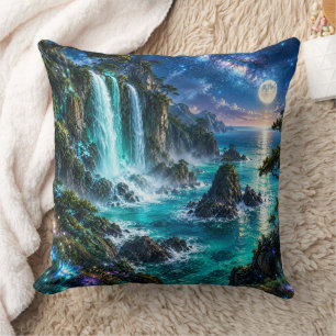 Cojín Decorativo Cascada de Fantasía Mágica en la Costa del Océano