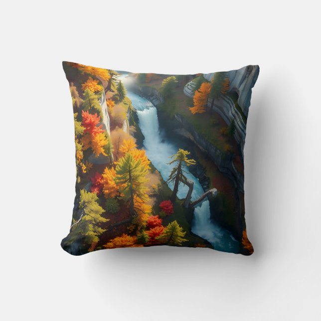 Cojín Decorativo Cascada del Cañón de Otoño – Vibrante Paisaje Fore (Anverso)