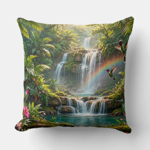 Cojín Decorativo Cascadas Arcoíris Colibríes Paraiso Tropical