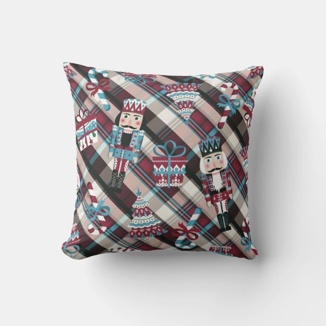 Cojín Decorativo Cascanueces de Navidad a Cuadros Azul Burgundy (Anverso)