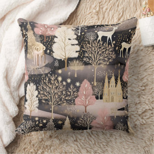 Cojín Decorativo Castillo de Fantasía Paisaje Ciervo Invierno Rosa