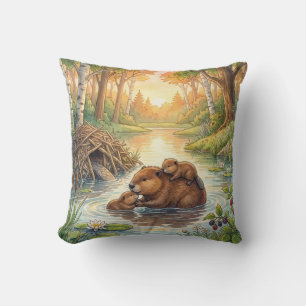 Cojín Decorativo Castor Adorable Y Bebés Animales Del Río Y Del Lag