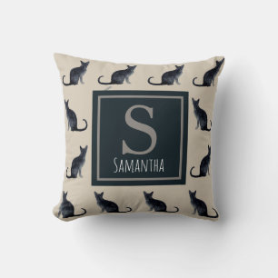 Cojín Decorativo Cat Lady Taupe Watercolor Black Kitty Pattern