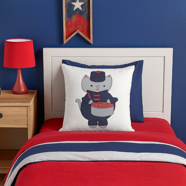Cojín Decorativo Cat Marching Band Drummer Navy Blue Red (A throw pillow featuring a gray cat playing the drums in a navy blue & red marching band uniform.)