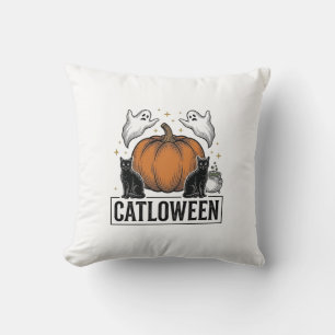Cojín Decorativo Catloween Gato Negro Fantasma Diseño Vectorial de 
