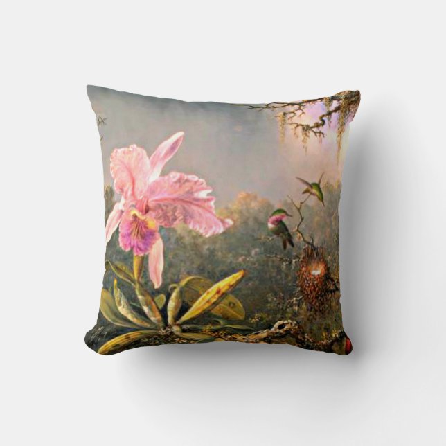 Cojín Decorativo Cattleya Orchid y tres Hummingbirds, (Anverso)