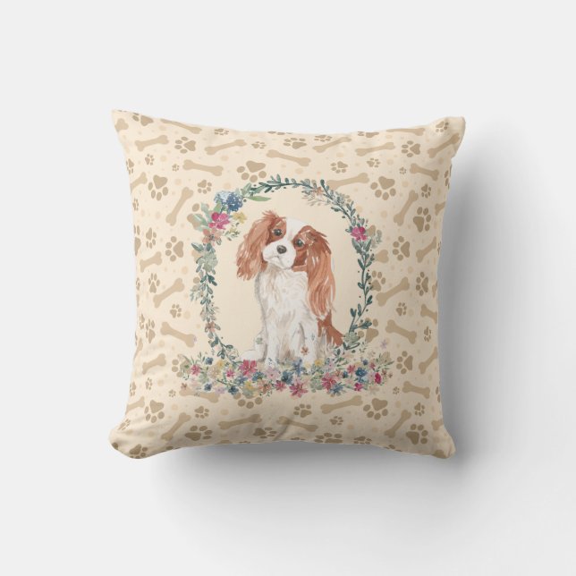 Cojín Decorativo Cavalier King Charles Spaniel Dog Paw Print Floral (Anverso)