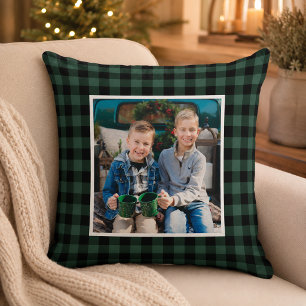 Cojín Decorativo Cazador Verde Plaid de Búfalo Negro Foto Navidad